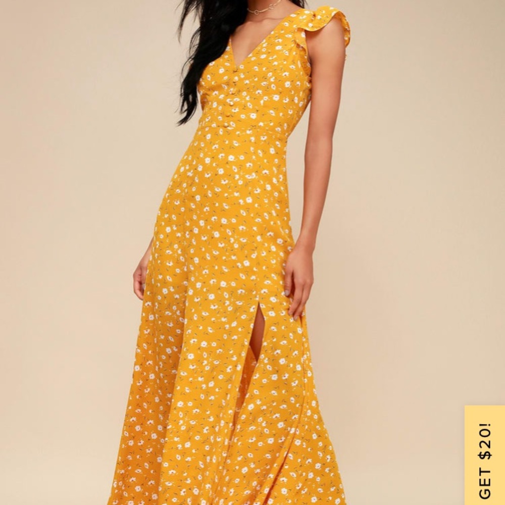 Lulu’s Fresh Picked Mustard Yellow Floral Print Backless Maxi Dress